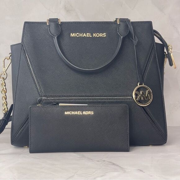 Michael Kors Prism Satchel With Matching wallet Black Saffiano Leather - Picture 1 of 16
